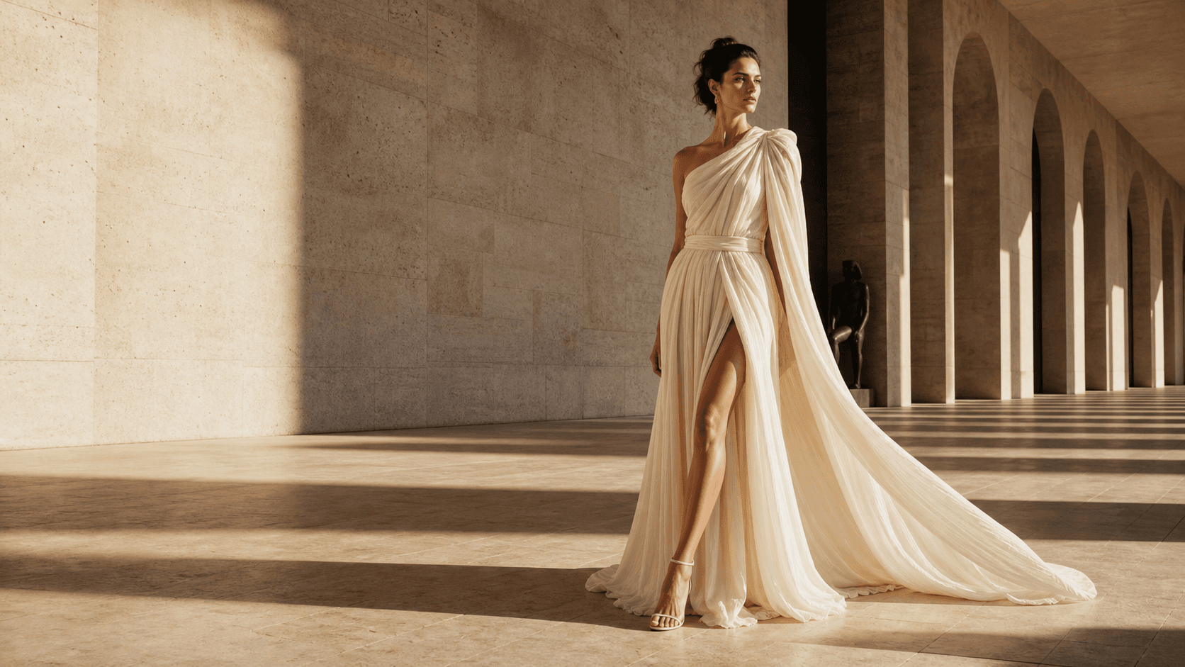 Model wearing an ivory couture gown in a sunlit modernist gallery